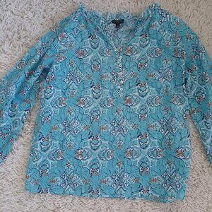 Talbots Petite Blue Medallion Print Blouse Womens MP Cotton Ruffle Neck Boho Top